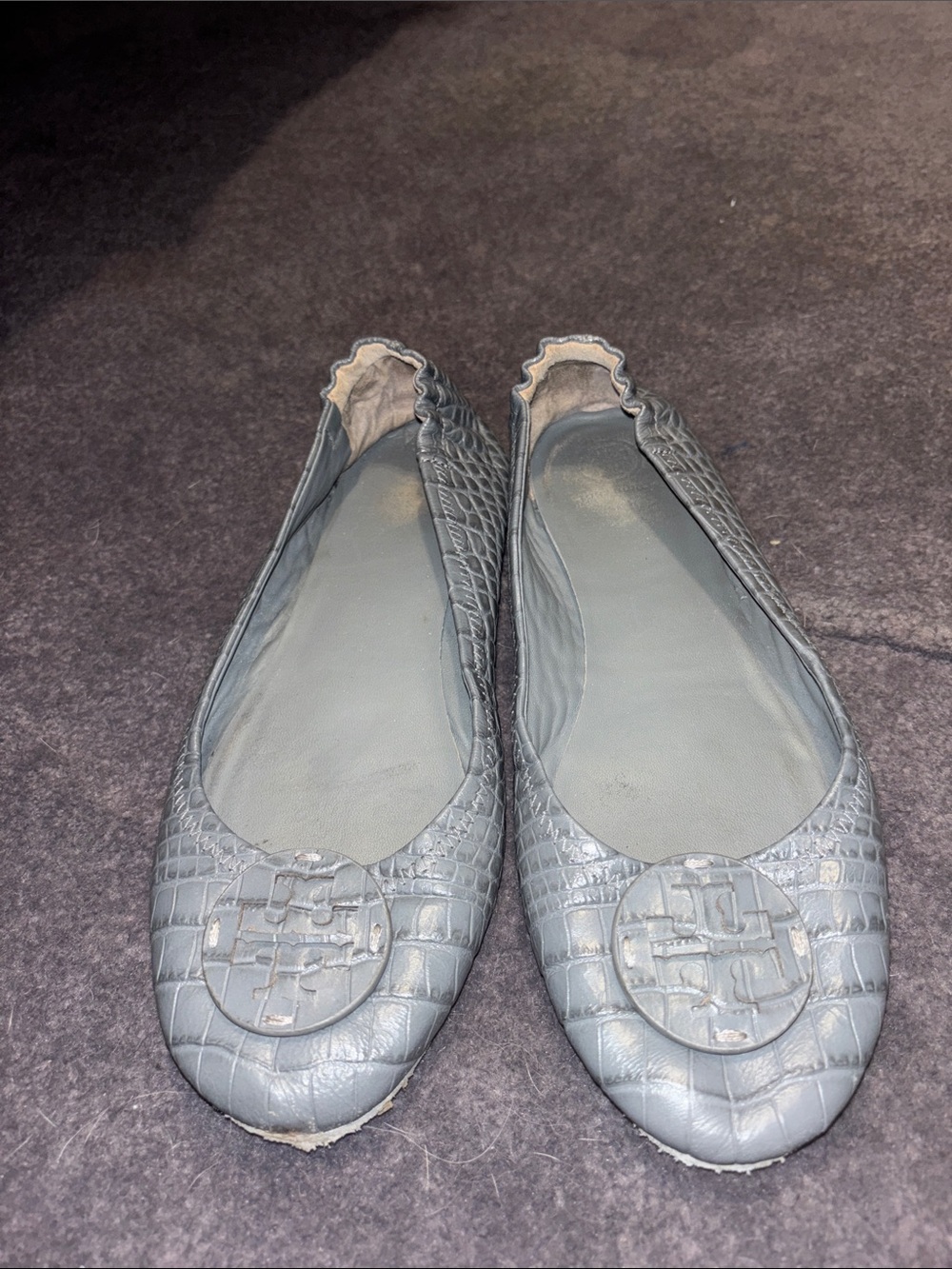Tory Burch Gray Croc-Embossed Ballet Flats